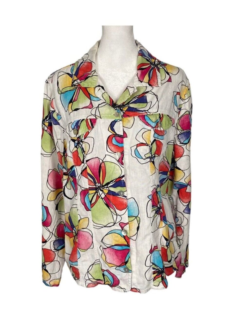 CHICOS Women 100% Linen Button Down Long‎ Sleeve Blazer Sz 1/M Multicolor 75-11